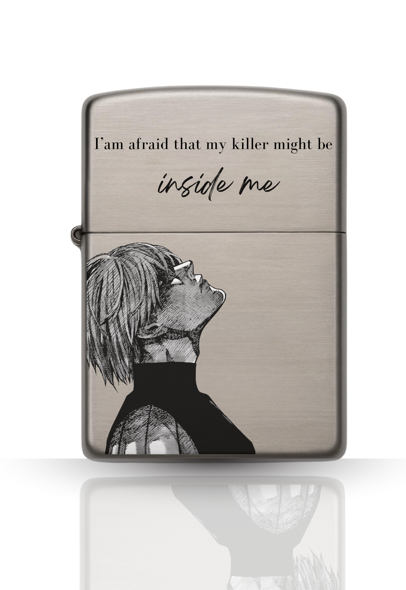 Briquet style Zippo argent Poli – Design Killer Inside Me / Briquet rechargeable à essence.
