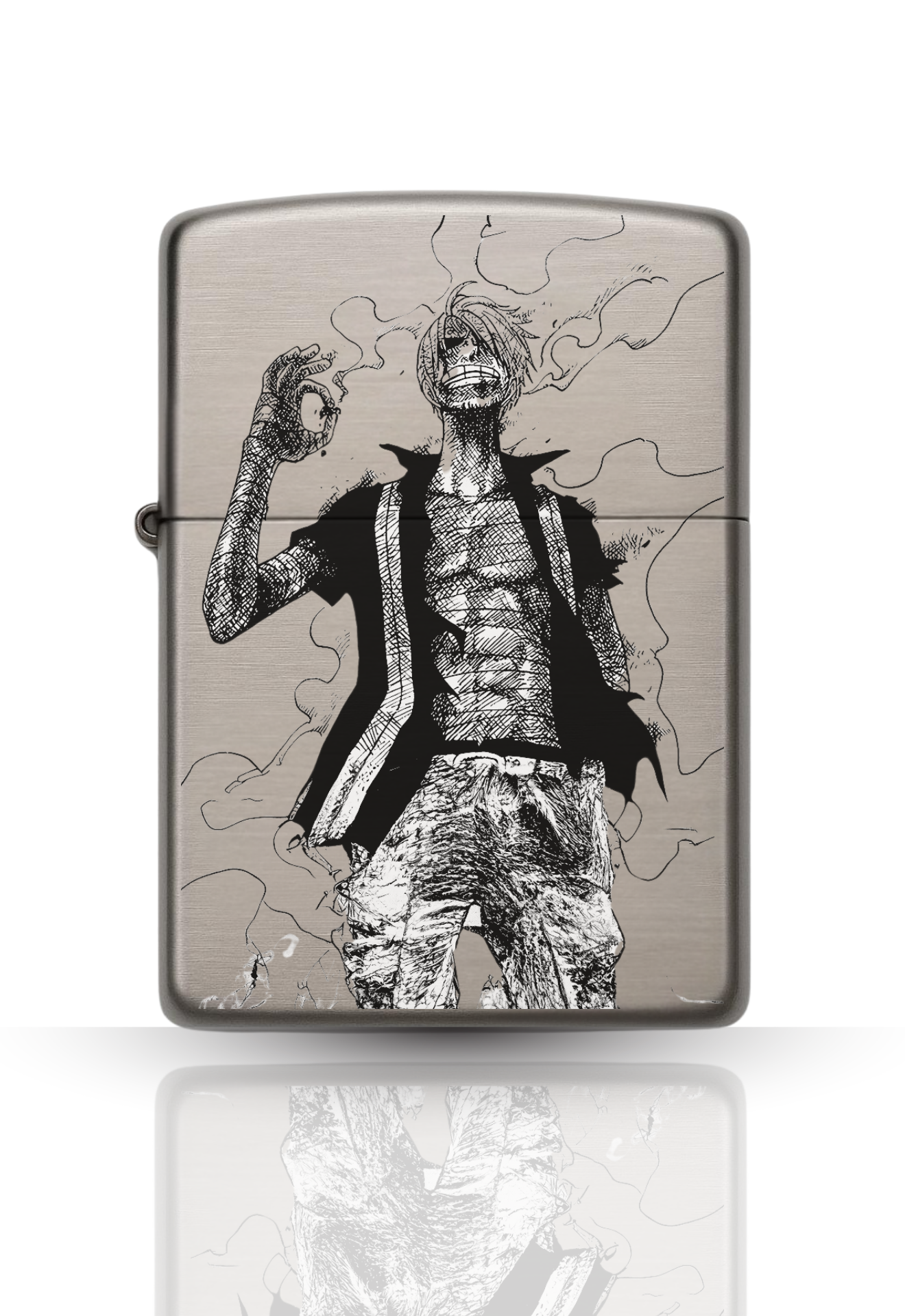 Briquet style Zippo argent Poli – Design Sanji One piece / Briquet rechargeable à essence.