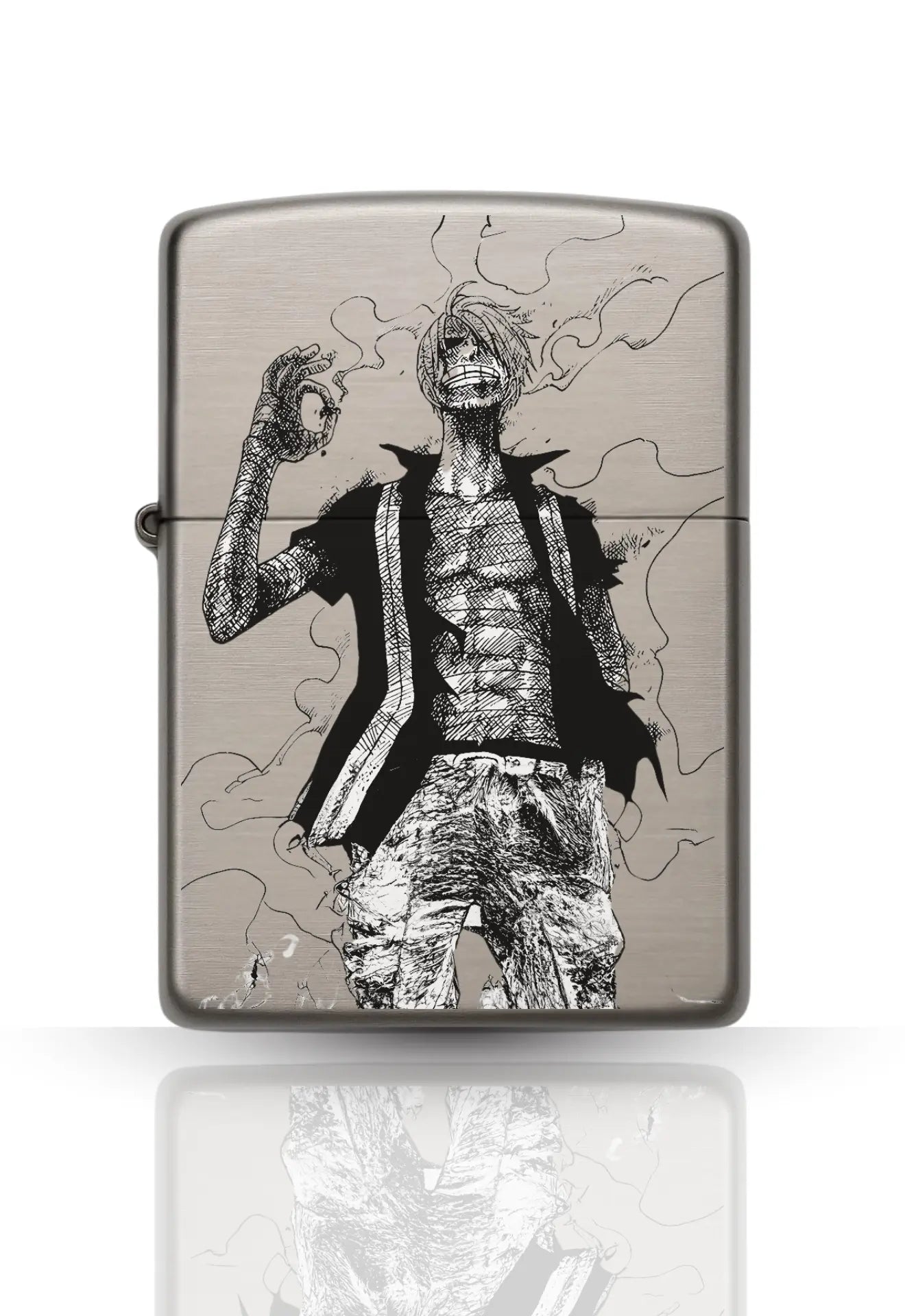 Briquet style Zippo argent Poli – Design Sanji One piece / Briquet rechargeable à essence. Majestico Gift Store