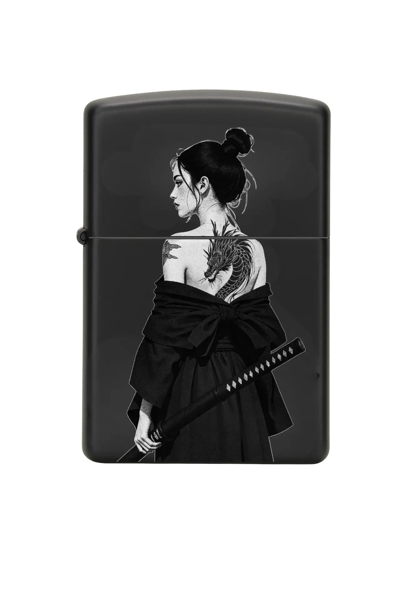 Briquet style Zippo Noir & Argenté – Samurai Girl Majestico Gift Store