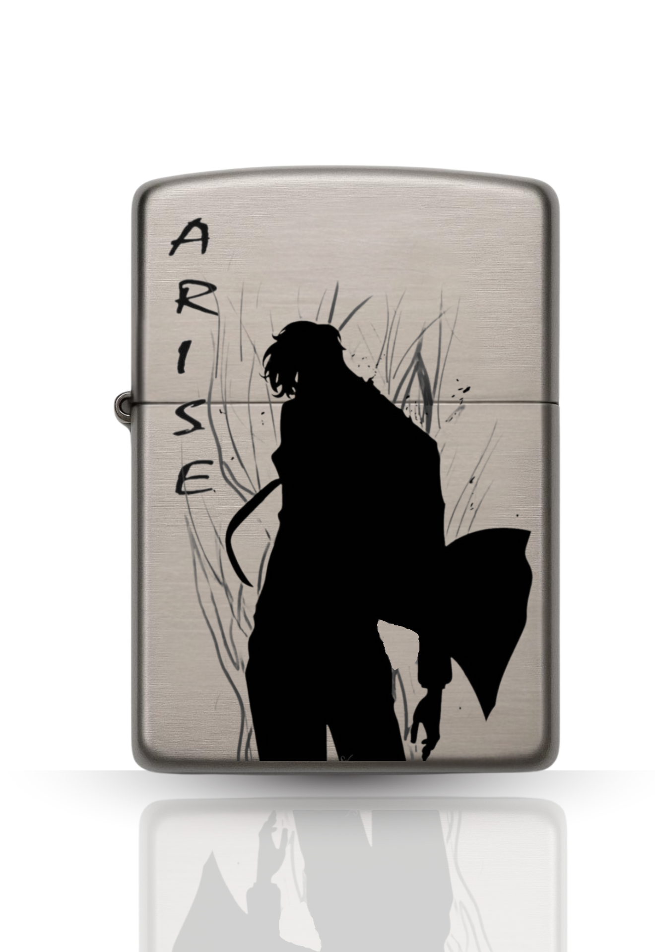 Briquet style Zippo argent Poli – Design Sung JInwo "Solo Leveling" / Briquet rechargeable à essence.