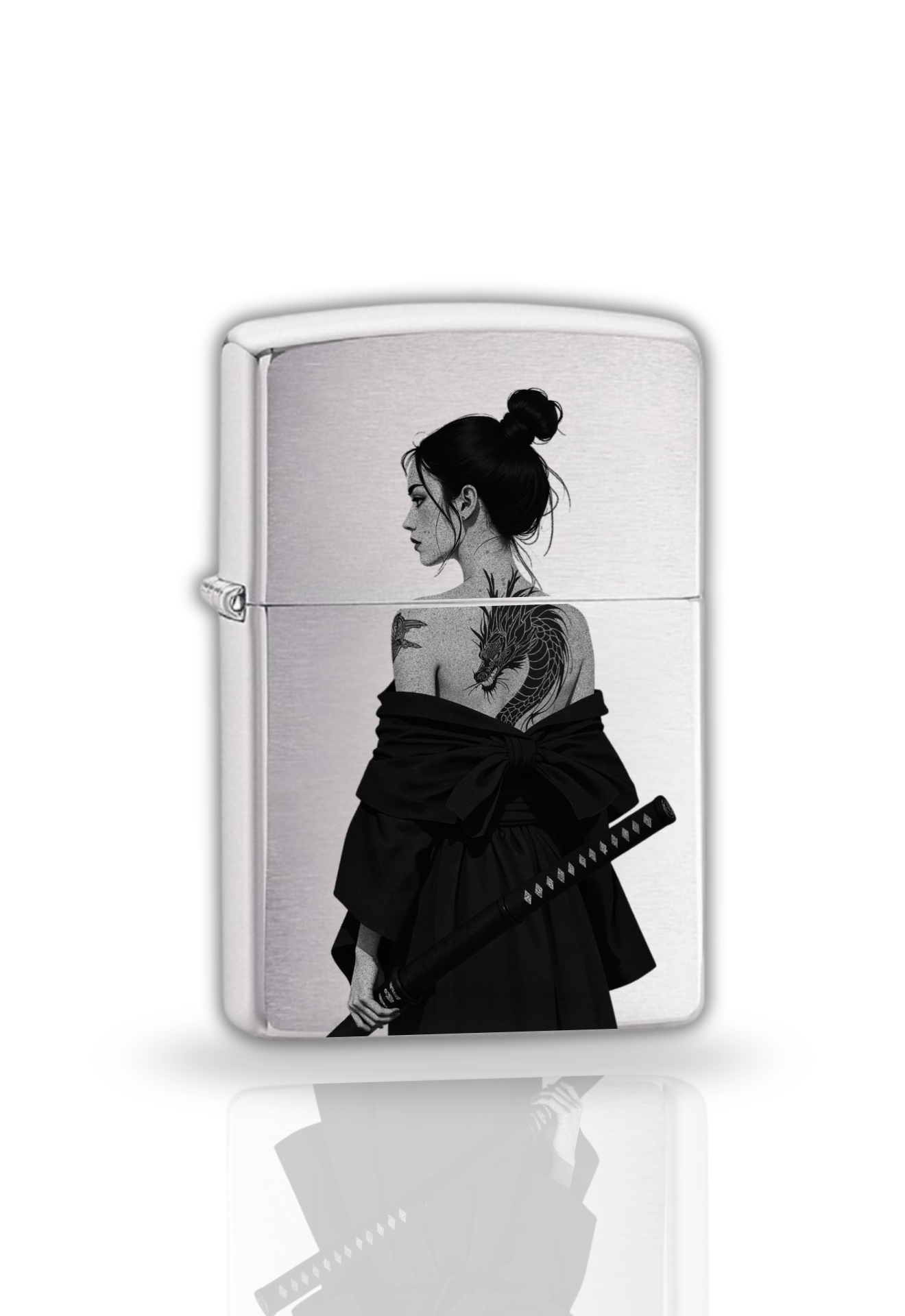 Briquet style Zippo Noir & Argenté – Samurai Girl