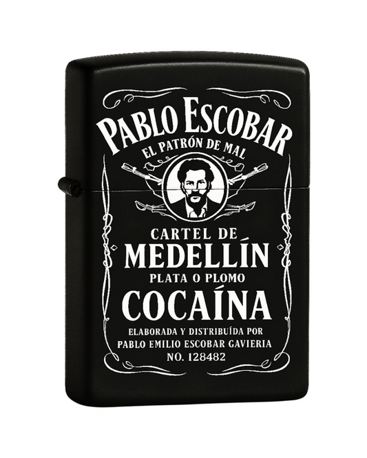 Briquet style zippo noir rechargeable modèle Pablo Escobar