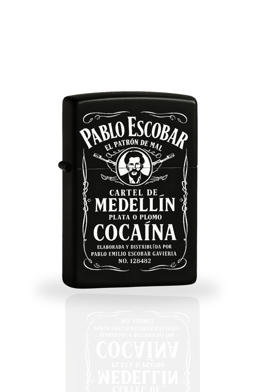 Briquet style zippo noir rechargeable modèle Pablo Escobar