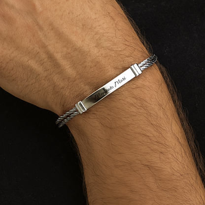 Bracelet Homme Personnalisé  – Câble Tressé & Plaque Argentée Élégante - Cadeau pour homme